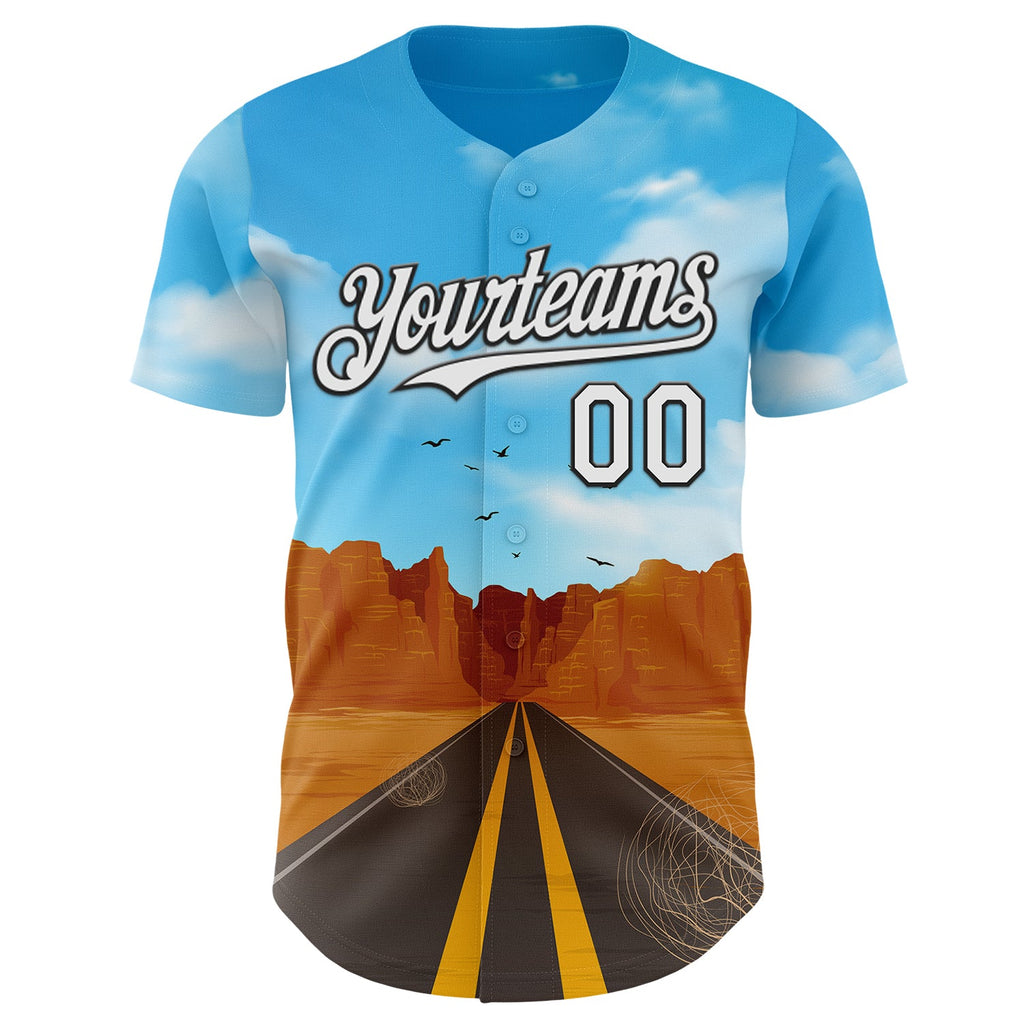 Custom Blue White-Black Route 66 Desert Highway Americana Road Trip Authentic Baseball Jersey