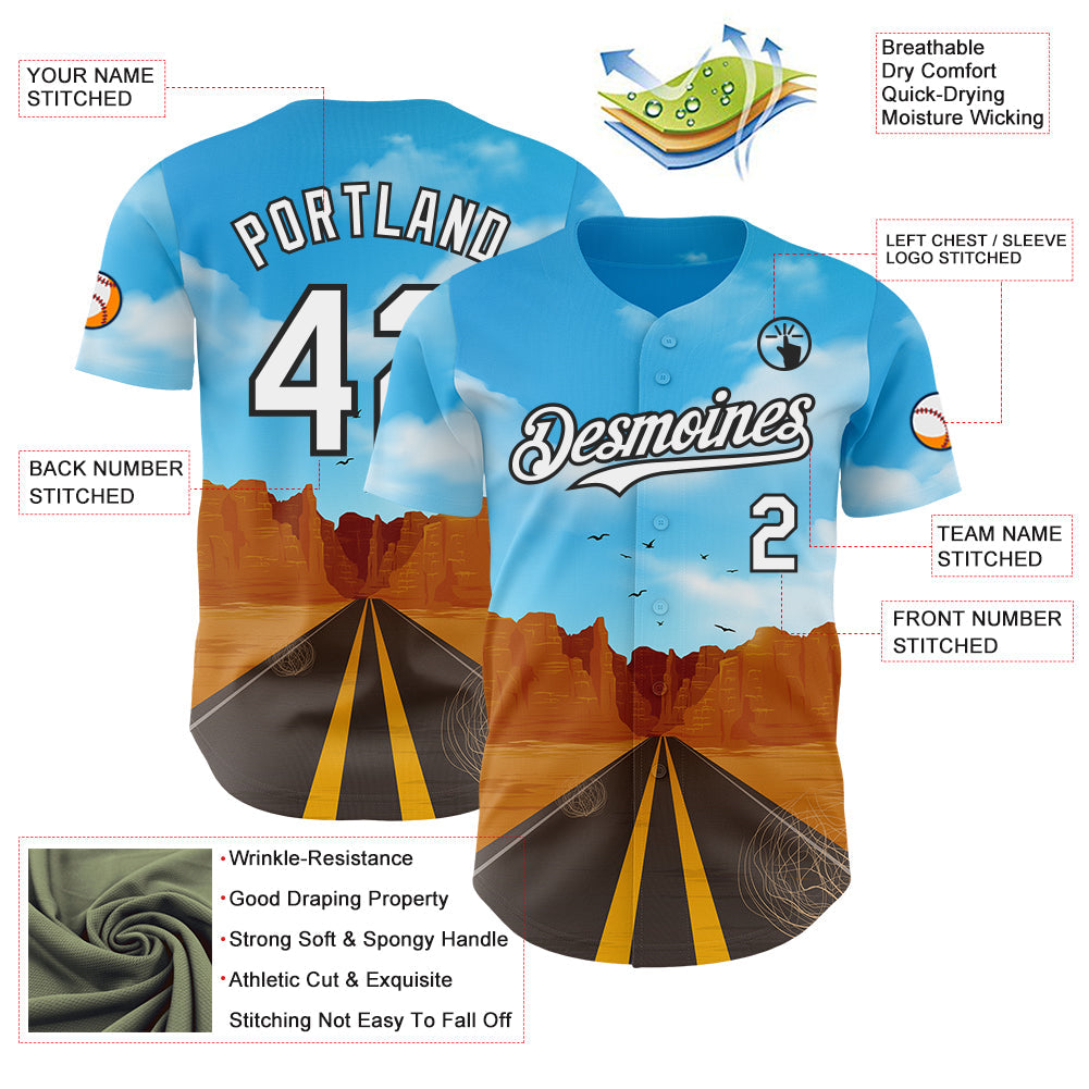 Custom Blue White-Black Route 66 Desert Highway Americana Road Trip Authentic Baseball Jersey