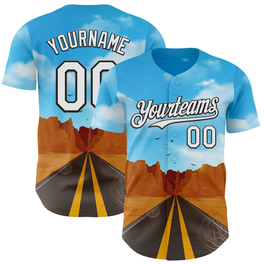Custom Blue White-Black Route 66 Desert Highway Americana Road Trip Authentic Baseball Jersey