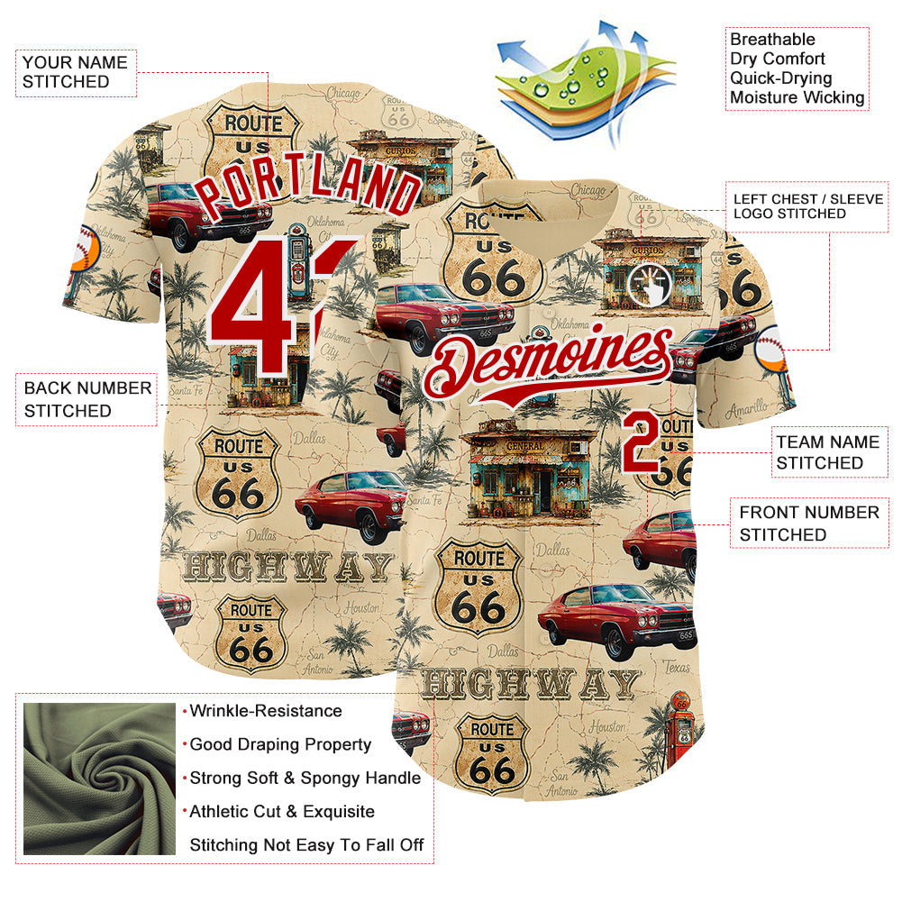 Custom City Cream Red-White Route 66 Americana Road Trip Authentic Baseball Jersey