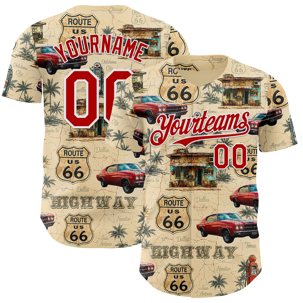 Custom City Cream Red-White Route 66 Americana Road Trip Authentic Baseball Jersey