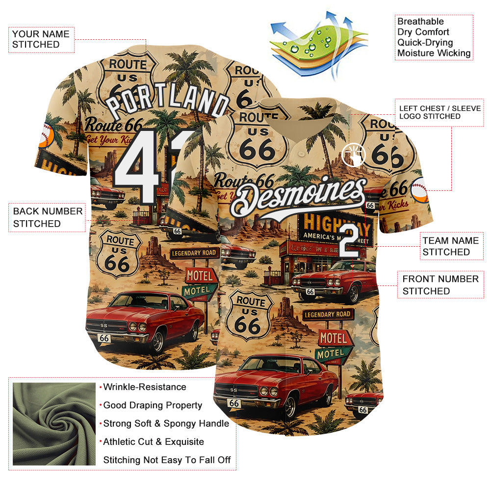 Custom Brown White-Black Route 66 Americana Road Trip Authentic Baseball Jersey