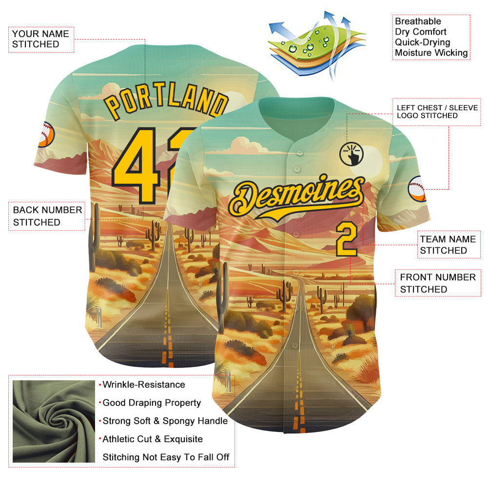 Custom Green Yellow-Black Desert Americana Road Trip Authentic Baseball Jersey