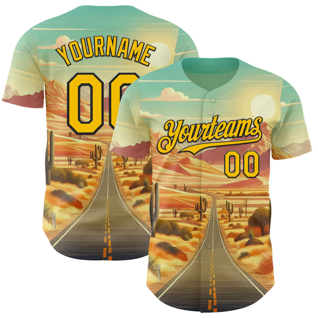 Custom Green Yellow-Black Desert Americana Road Trip Authentic Baseball Jersey