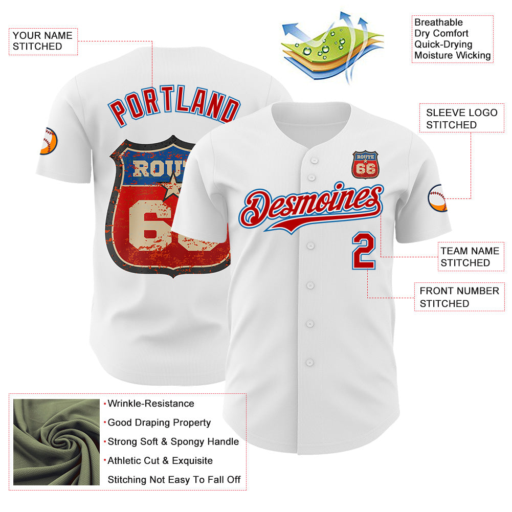 Custom White Red-Blue Route 66 Americana Road Trip Authentic Baseball Jersey