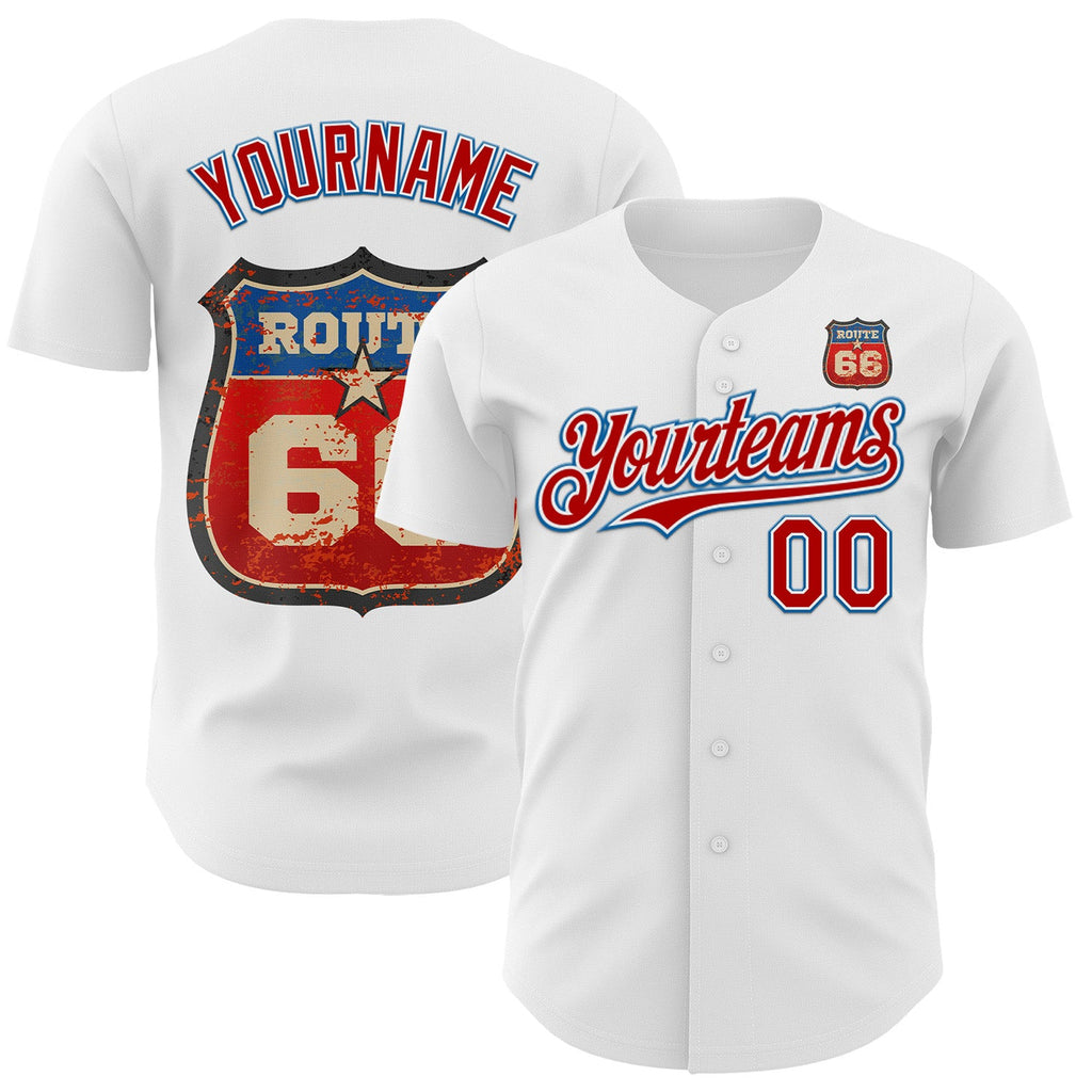 Custom White Red-Blue Route 66 Americana Road Trip Authentic Baseball Jersey