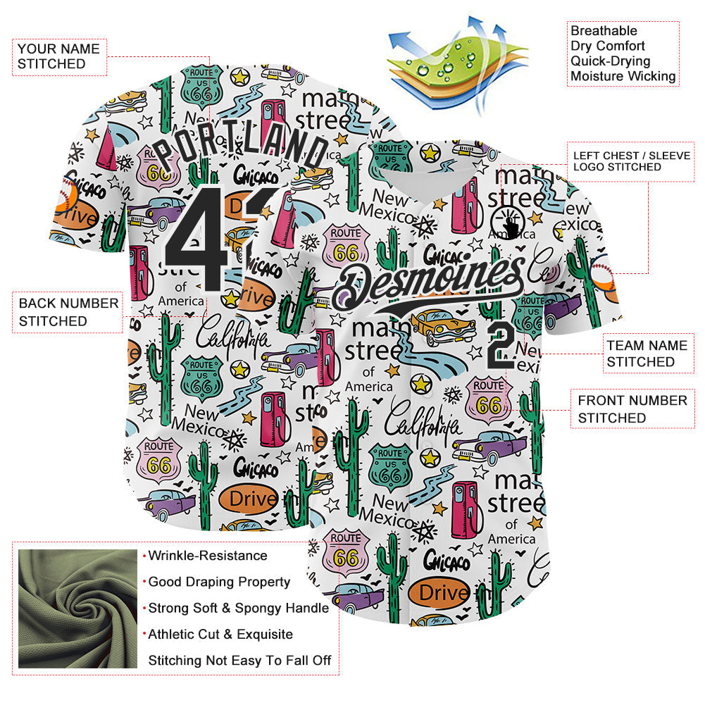 Custom White-Black Route 66 Americana Road Trip Authentic Baseball Jersey