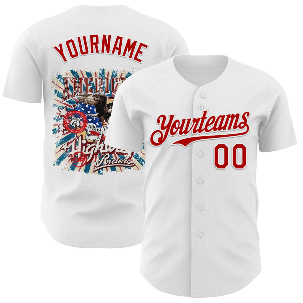Custom White-Red Route 66 Highway Americana Road Trip Authentic Baseball Jersey