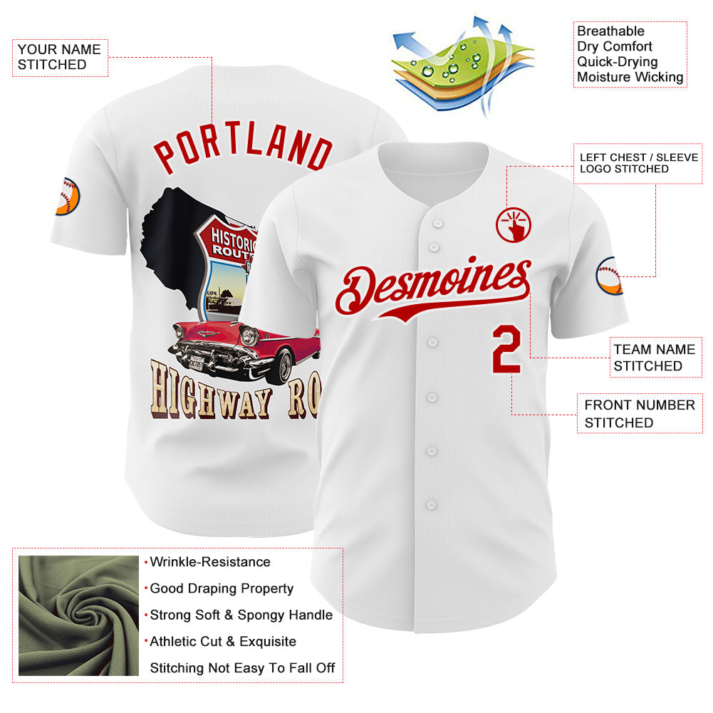 Custom White-Red Route 66 Highway Americana Road Trip Authentic Baseball Jersey