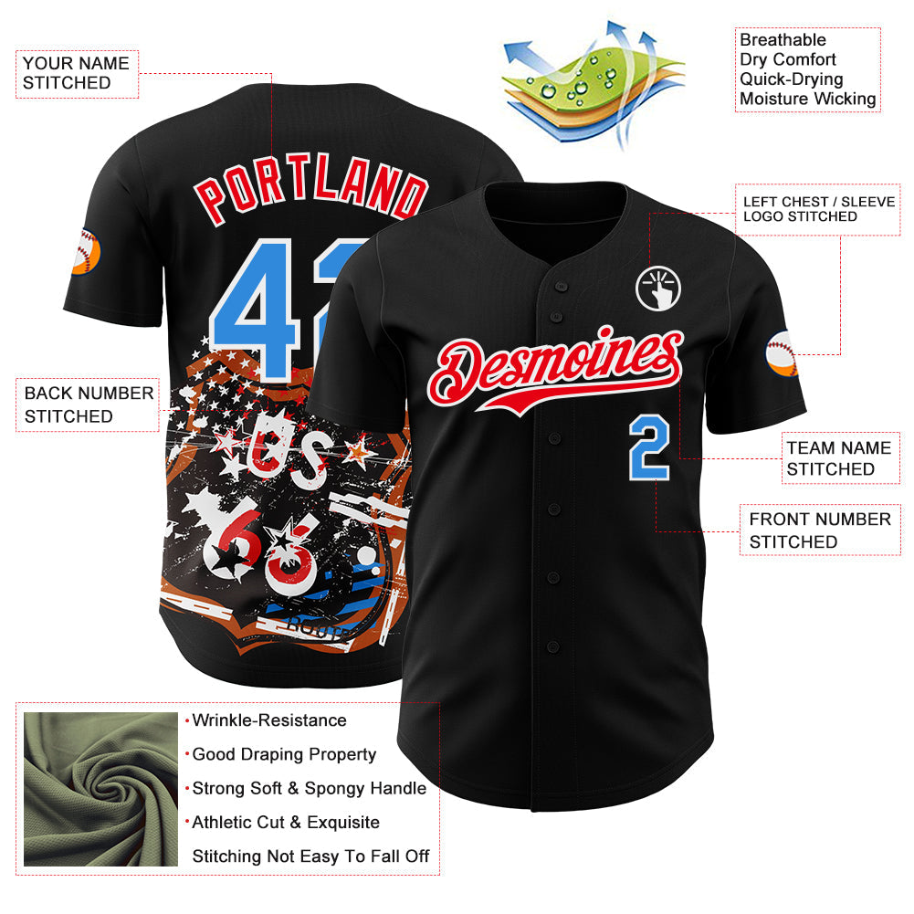 Custom Black Electric Blue White-Fire Red Route 66 Americana Road Trip Authentic Baseball Jersey