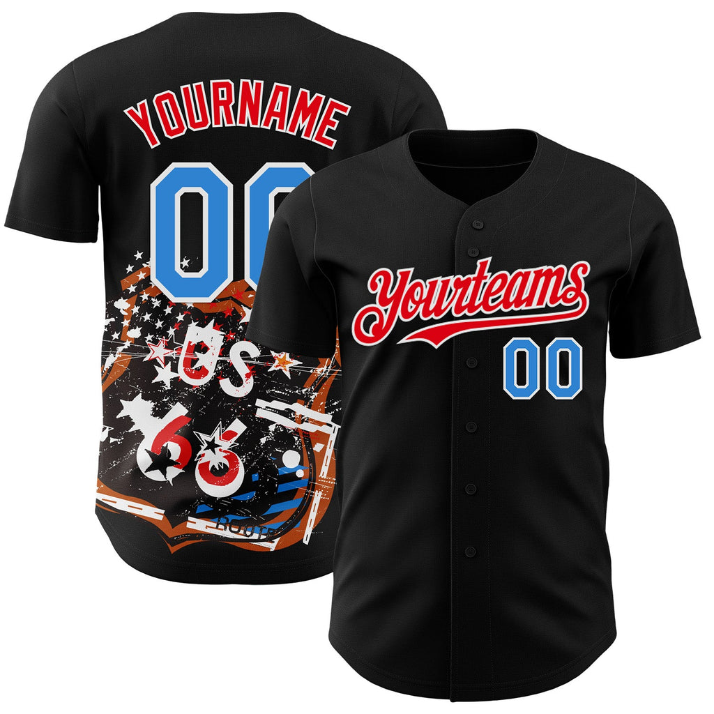 Custom Black Electric Blue White-Fire Red Route 66 Americana Road Trip Authentic Baseball Jersey