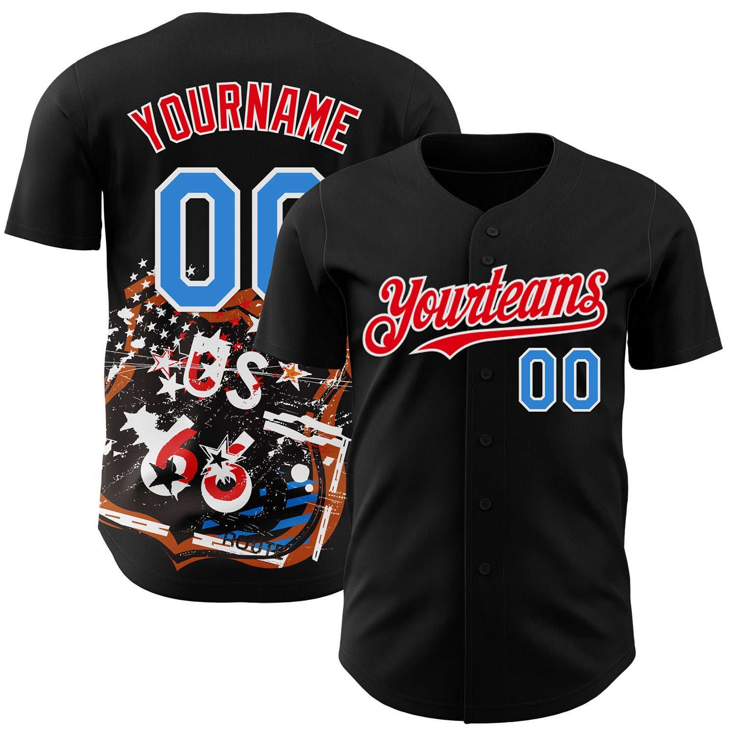 Custom Black Electric Blue White-Fire Red Route 66 Americana Road Trip Authentic Baseball Jersey