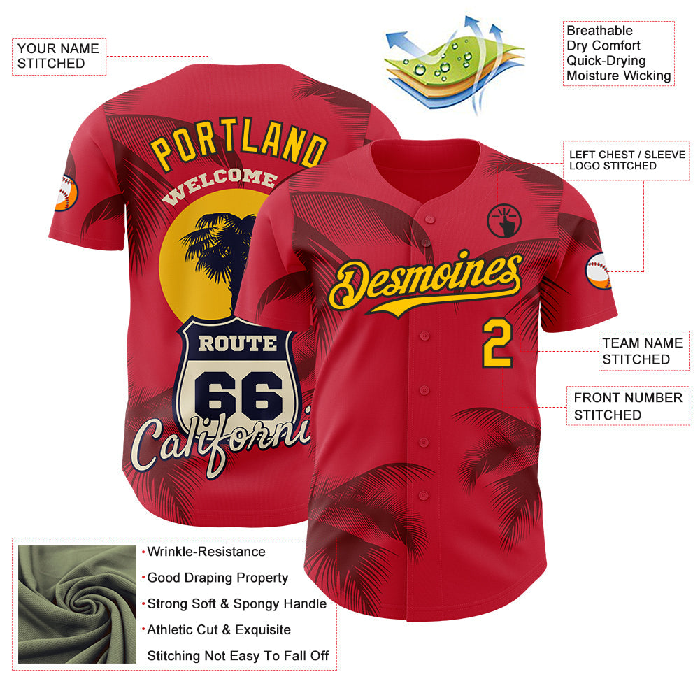 Custom Red Yellow-Black Route 66 Tropical Palm Tree Americana Road Trip Authentic Baseball Jersey