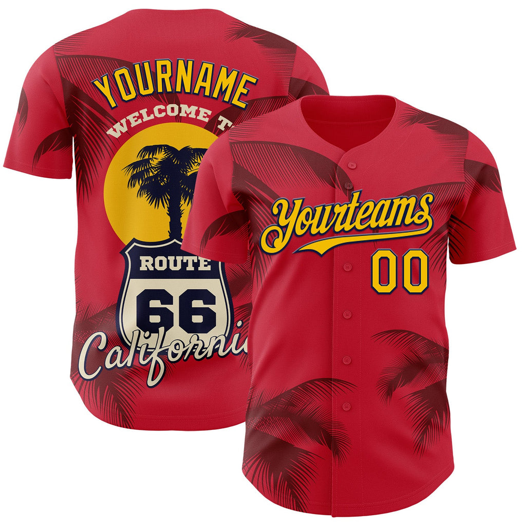 Custom Red Yellow-Black Route 66 Tropical Palm Tree Americana Road Trip Authentic Baseball Jersey
