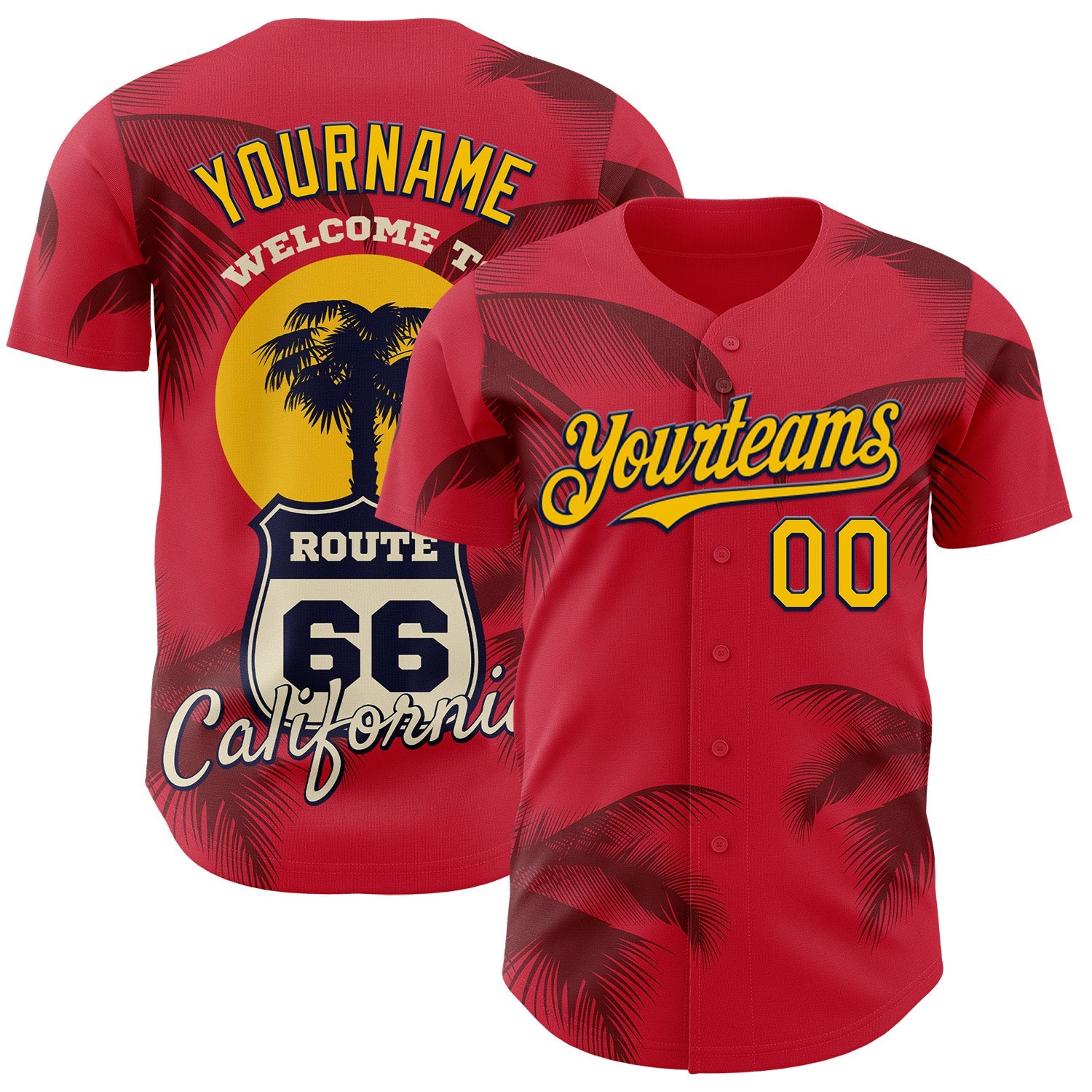 Custom Red Yellow-Black Route 66 Tropical Palm Tree Americana Road Trip Authentic Baseball Jersey