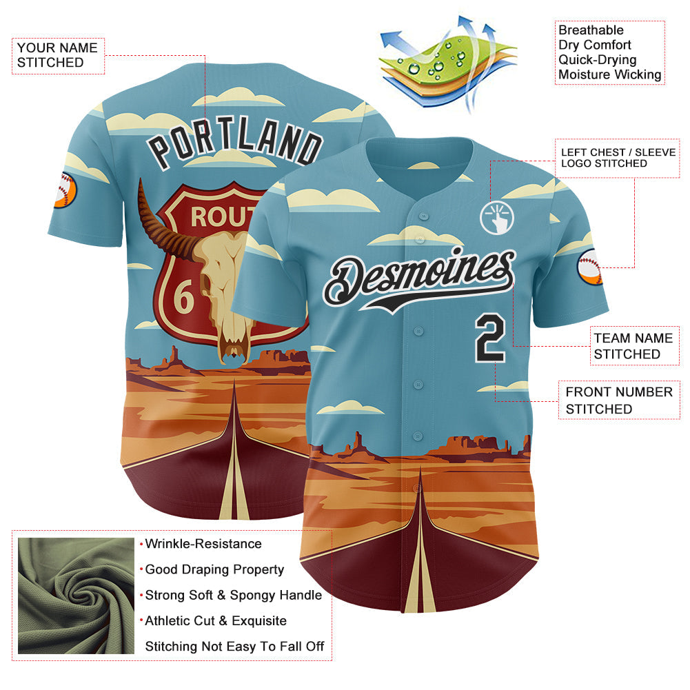 Custom Blue Black-White Route 66 Desert Americana Road Trip Authentic Baseball Jersey