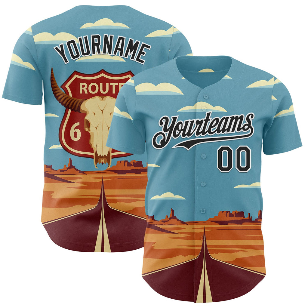 Custom Blue Black-White Route 66 Desert Americana Road Trip Authentic Baseball Jersey