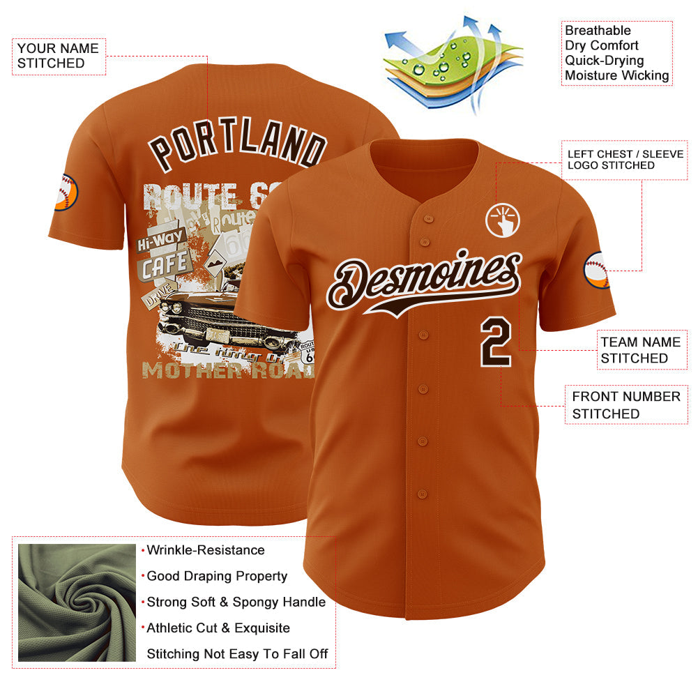Custom Texas Orange Brown-White Route 66 Americana Road Trip Authentic Baseball Jersey