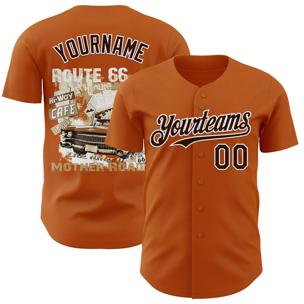 Custom Texas Orange Brown-White Route 66 Americana Road Trip Authentic Baseball Jersey