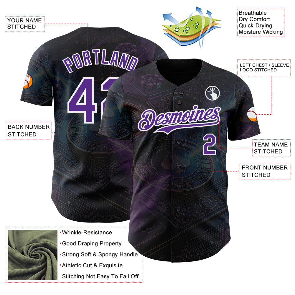 Custom Black Purple-White Las Vegas Poker Club Authentic Baseball Jersey