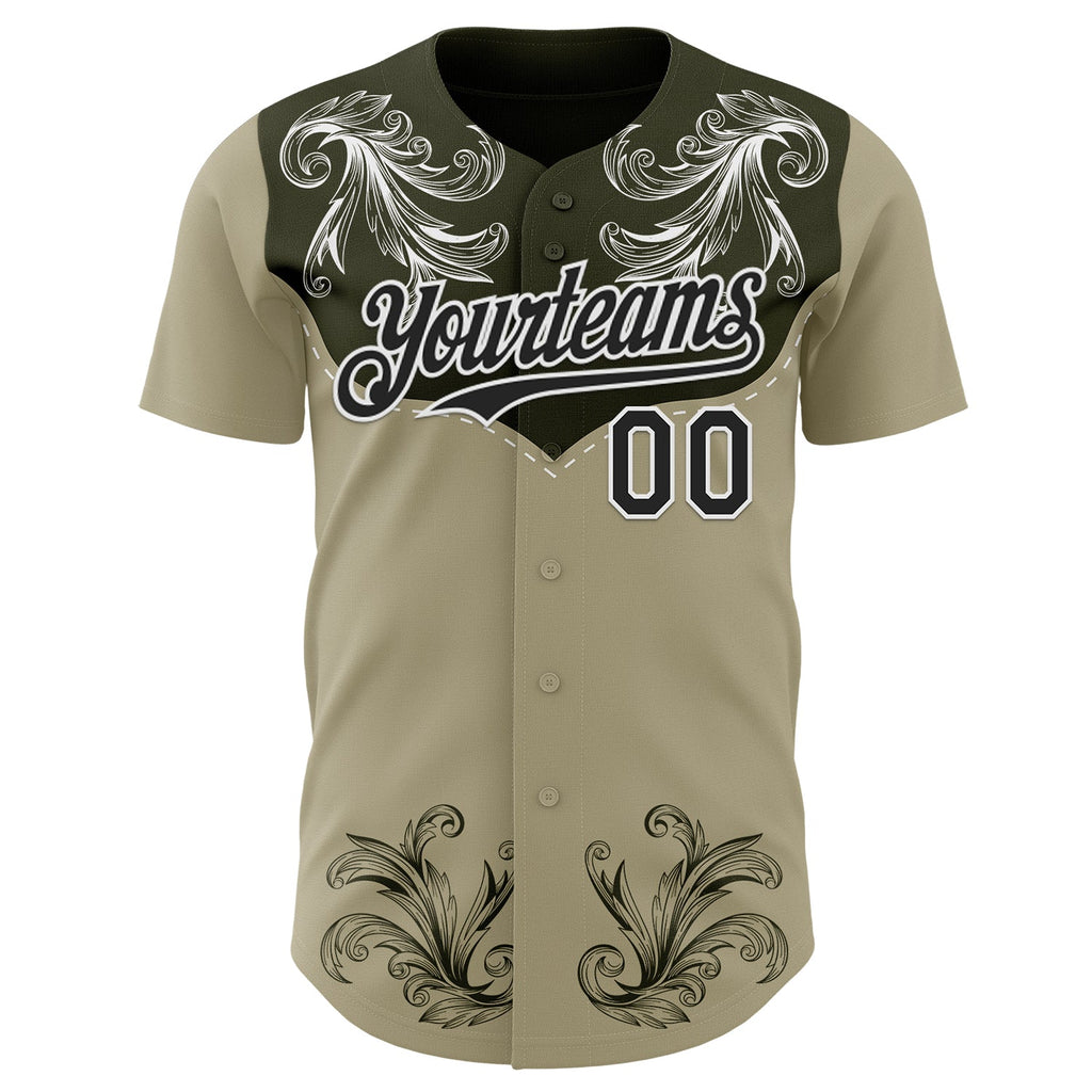 Custom Olive Black-White Baroque Floral Scroll Authentic Baseball Jersey