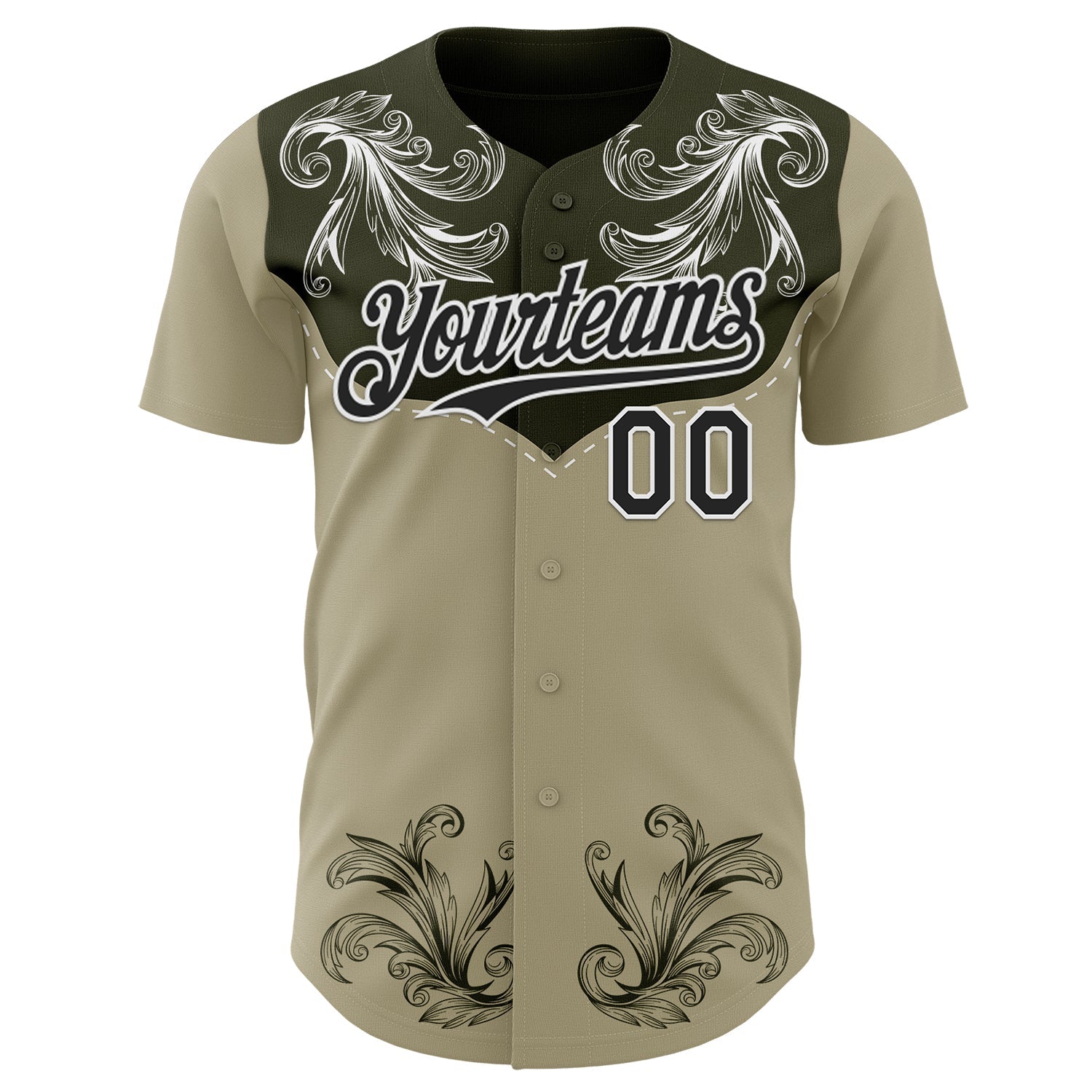 Custom Olive Black-White Baroque Floral Scroll Authentic Baseball Jersey