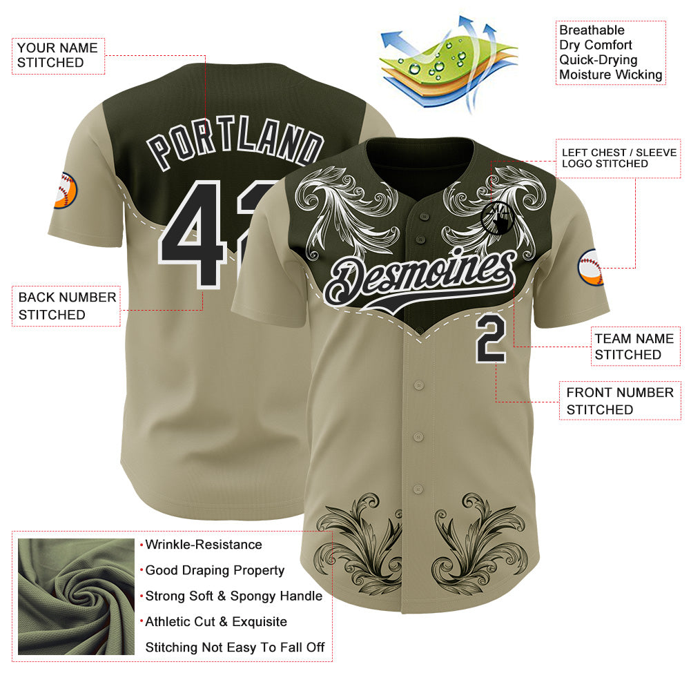 Custom Olive Black-White Baroque Floral Scroll Authentic Baseball Jersey