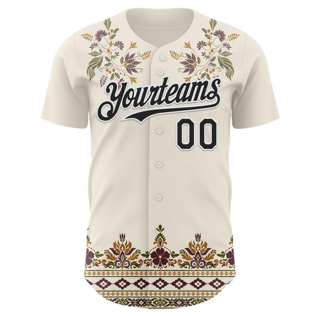 Custom Cream Black-White Baroque Floral Scroll Authentic Baseball Jersey