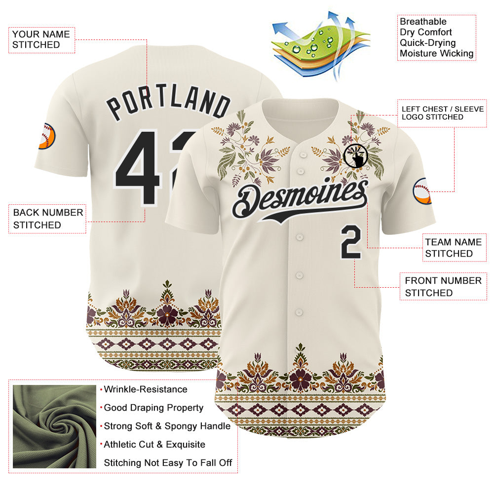 Custom Cream Black-White Baroque Floral Scroll Authentic Baseball Jersey