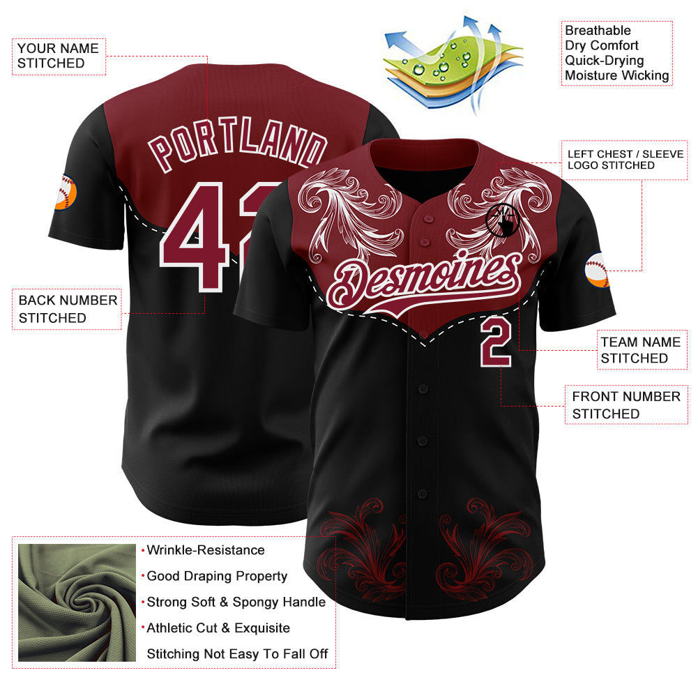Custom Black Crimson-White Baroque Floral Scroll Authentic Baseball Jersey