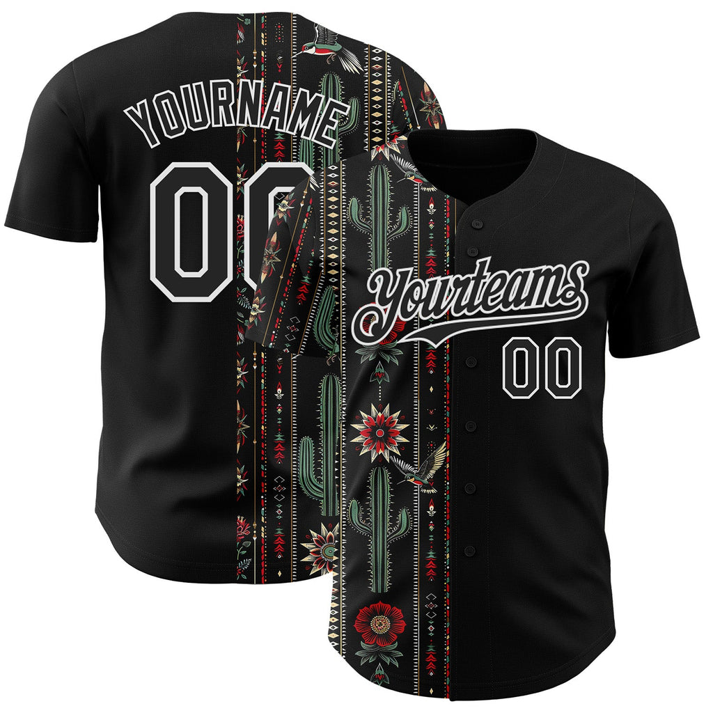 Custom Black-White Southwest Cactus Aztec Tribal Authentic Baseball Jersey