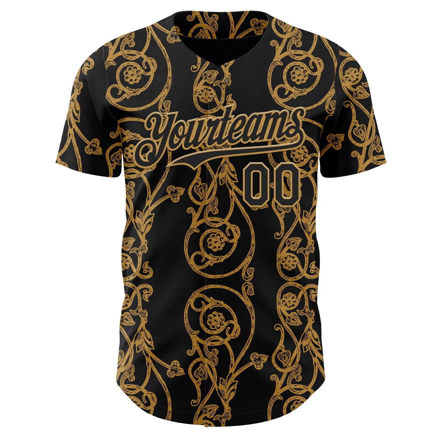 Custom Black-Old Gold Baroque Floral Scroll Authentic Baseball Jersey