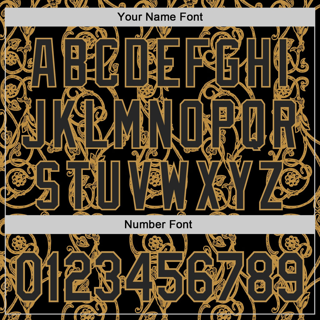 Custom Black-Old Gold Baroque Floral Scroll Authentic Baseball Jersey