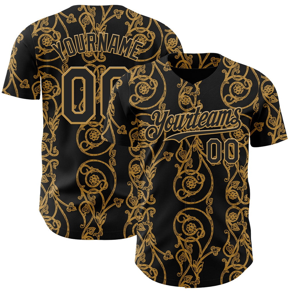 Custom Black-Old Gold Baroque Floral Scroll Authentic Baseball Jersey