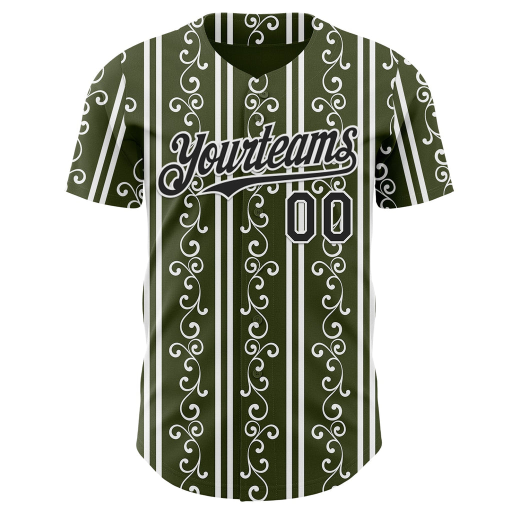 Custom Olive Black-White Baroque Floral Scroll Authentic Baseball Jersey