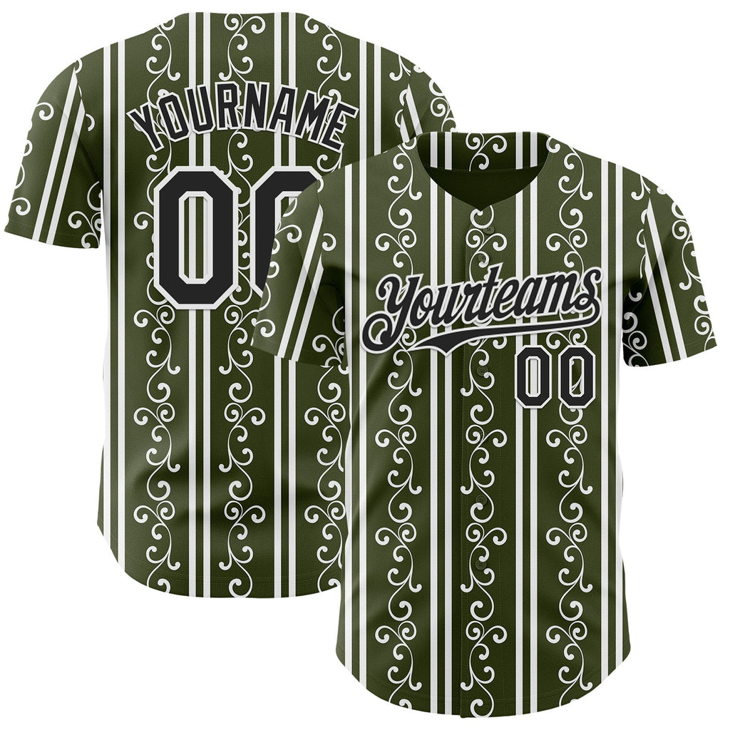 Custom Olive Black-White Baroque Floral Scroll Authentic Baseball Jersey