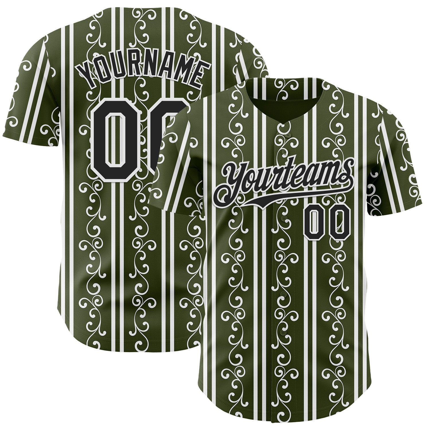 Custom Olive Black-White Baroque Floral Scroll Authentic Baseball Jersey