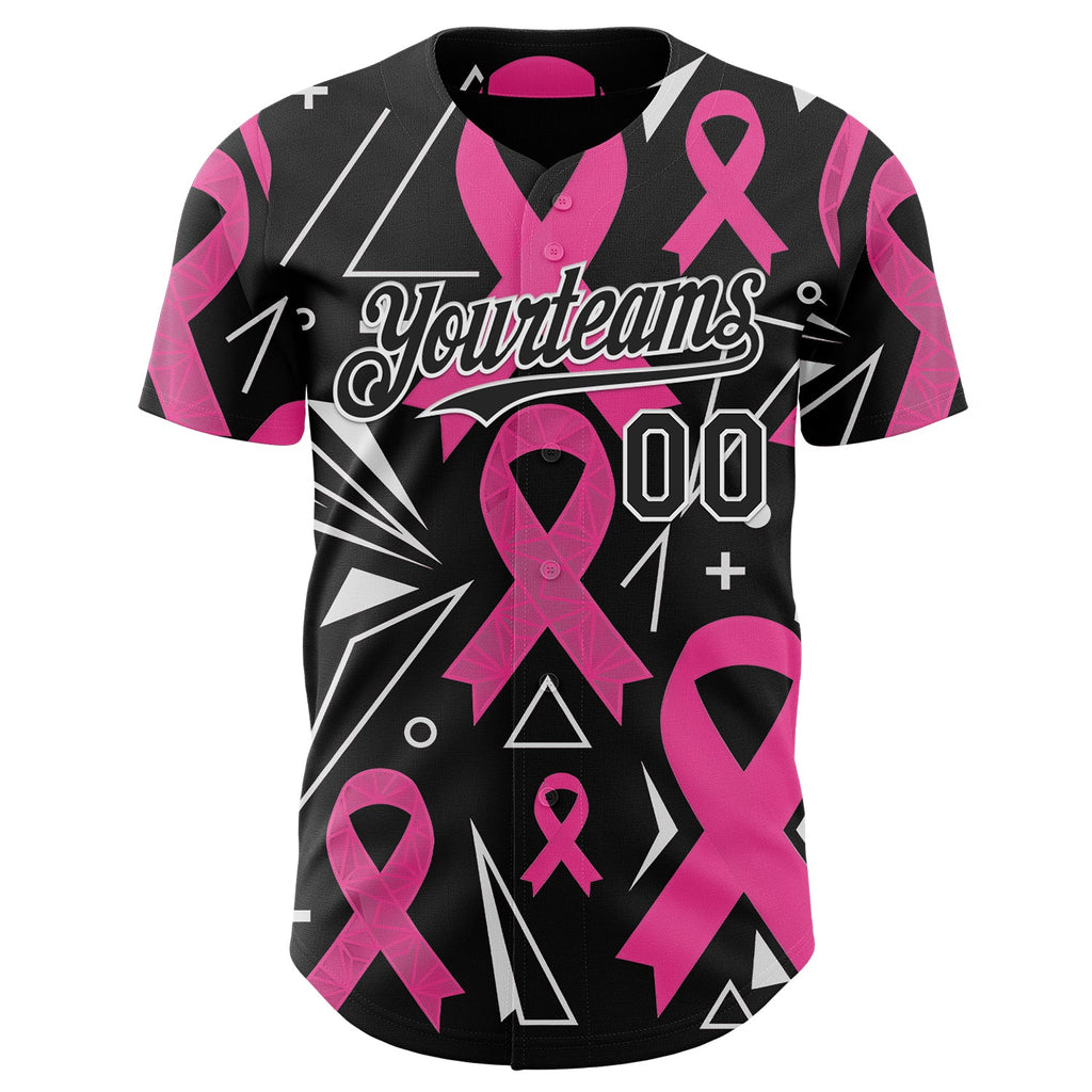 Custom Black Pink-White Breast Cancer Awareness Pink Ribbon Authentic Baseball Jersey