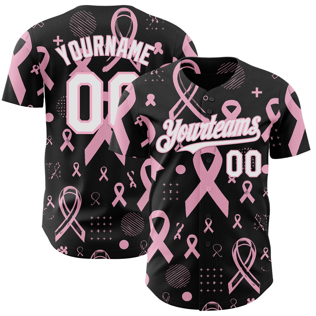 Custom Black White-Light Pink Breast Cancer Awareness Pink Ribbon Authentic Baseball Jersey