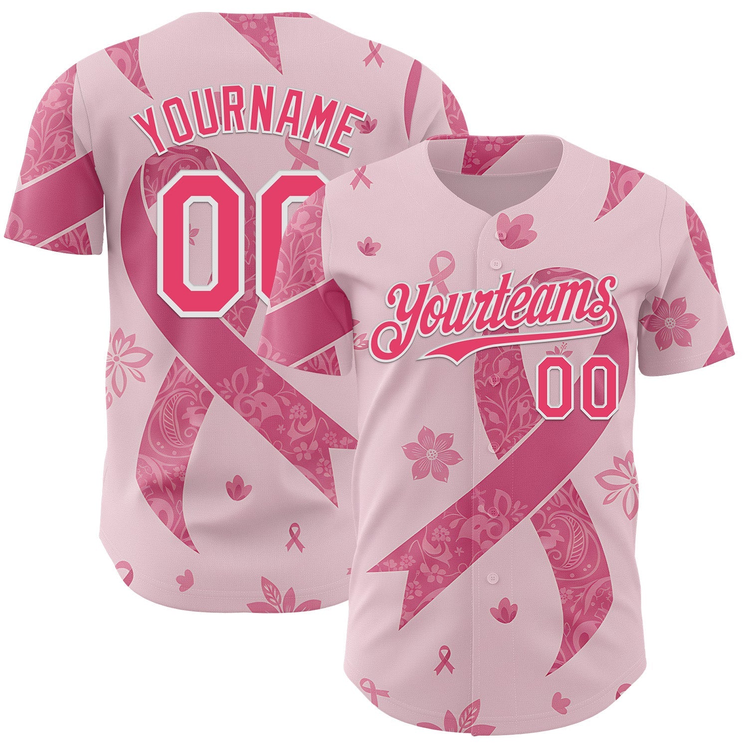 Custom Pink Neon Pink-White Breast Cancer Awareness Pink Ribbon Floral Authentic Baseball Jersey