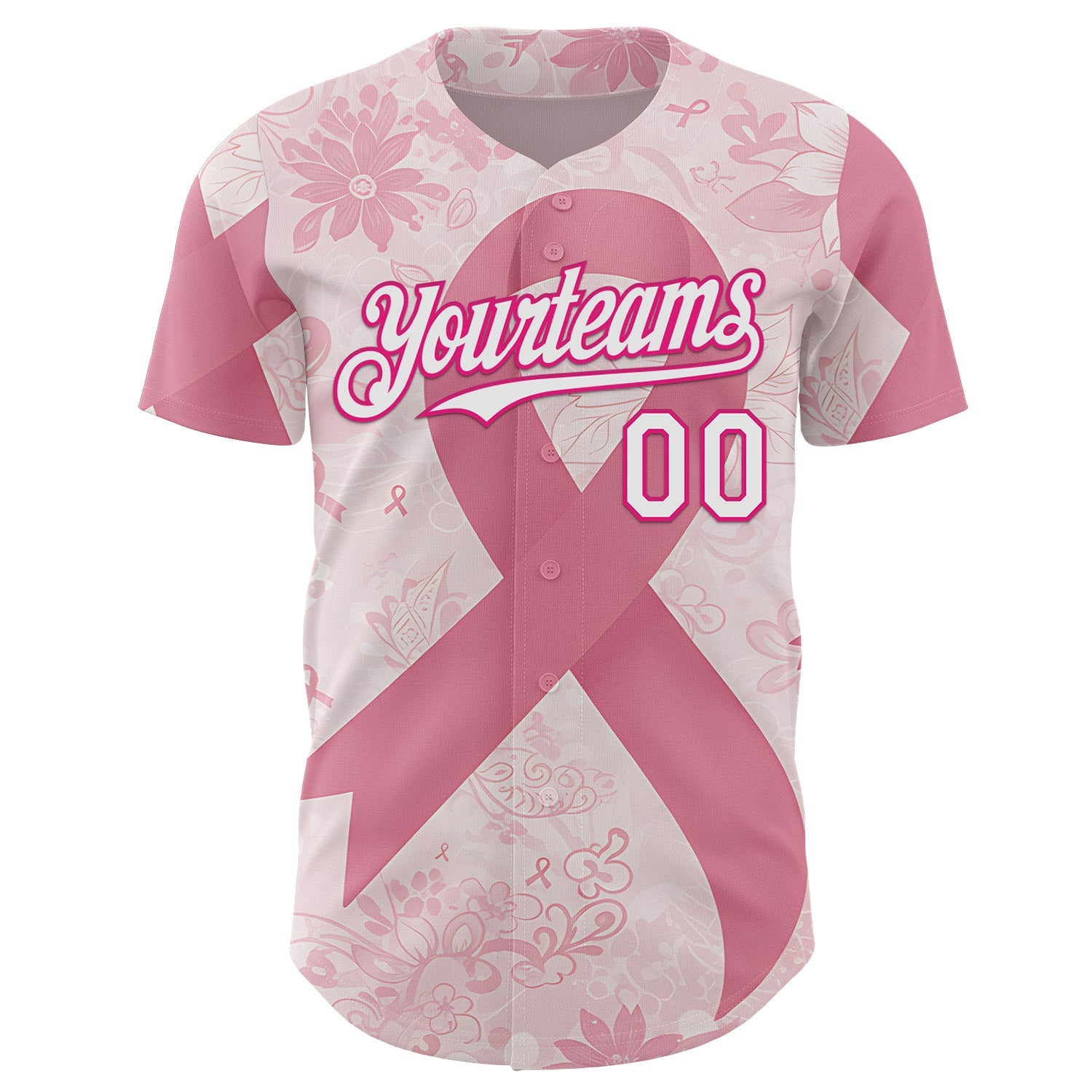 Custom Light Pink White-Hot Pink Breast Cancer Awareness Pink Ribbon Floral Authentic Baseball Jersey