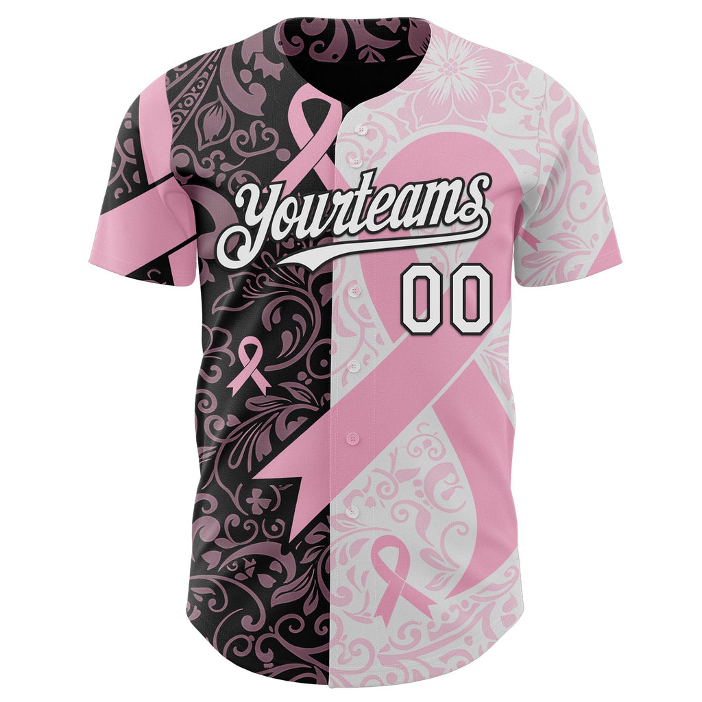 Custom Black White-Pink Breast Cancer Awareness Pink Ribbon Floral Authentic Baseball Jersey