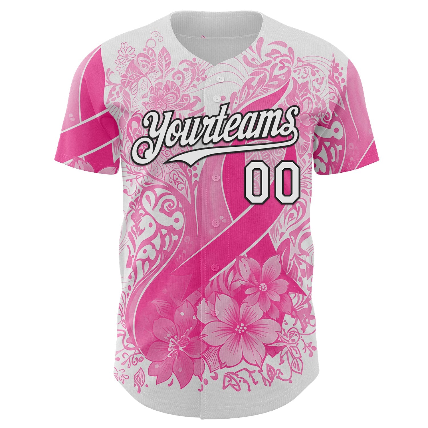 Custom White Pink-Black Breast Cancer Awareness Pink Ribbon Floral Authentic Baseball Jersey