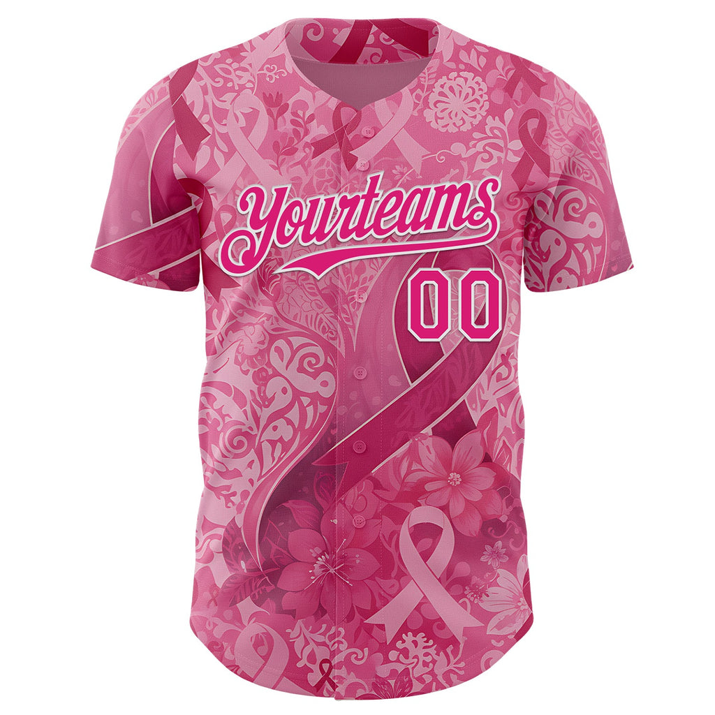 Custom Pink Hot Pink-White Breast Cancer Awareness Pink Ribbon Floral Authentic Baseball Jersey