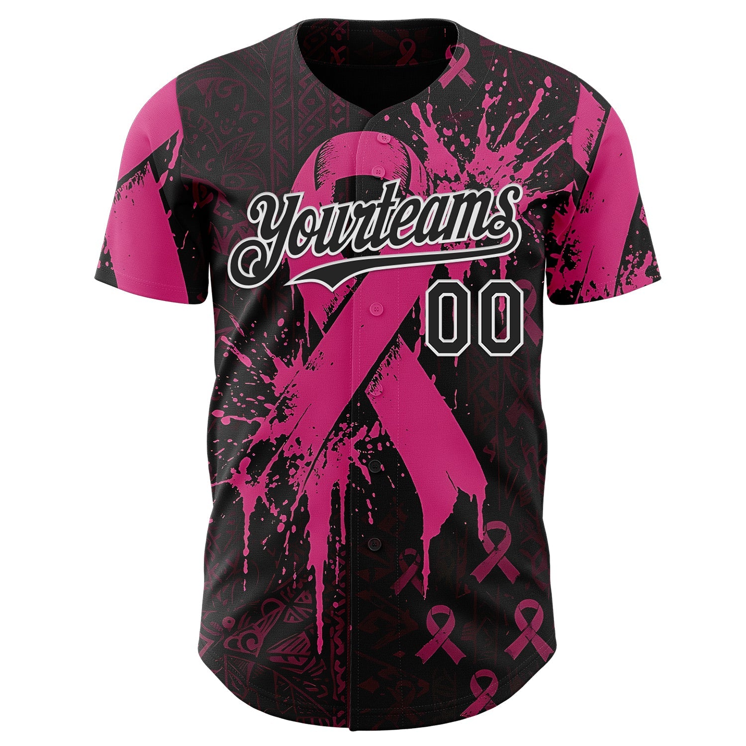 Custom Black Red-White Breast Cancer Awareness Fight Pink Ribbon Authentic Baseball Jersey