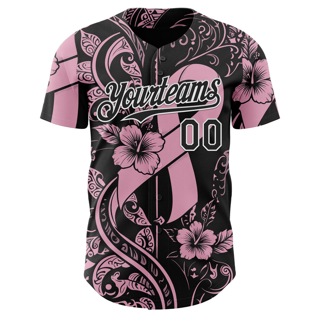 Custom Black Light Pink-White Breast Cancer Awareness Pink Ribbon Floral Authentic Baseball Jersey