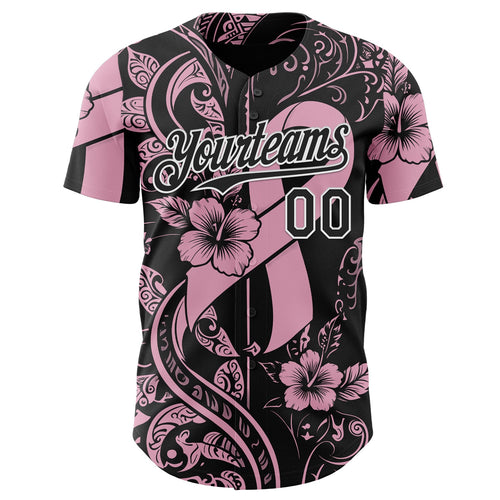Custom Black Light Pink-White Breast Cancer Awareness Pink Ribbon Floral Authentic Baseball Jersey