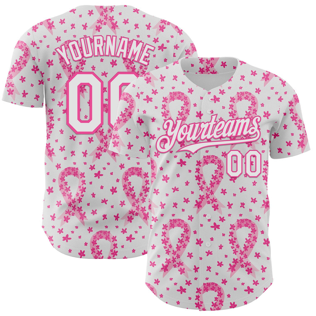 Custom White-Pink Breast Cancer Awareness Pink Ribbon Floral Authentic Baseball Jersey