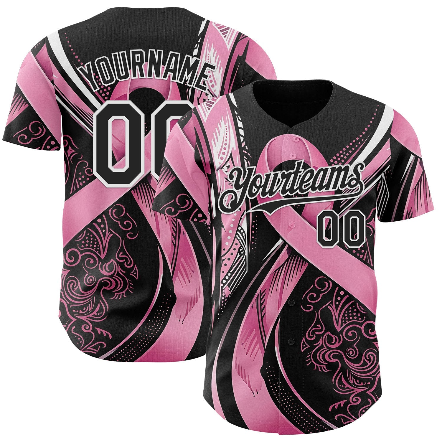 Custom Black Pink-White Breast Cancer Awareness Fight Pink Ribbon Authentic Baseball Jersey