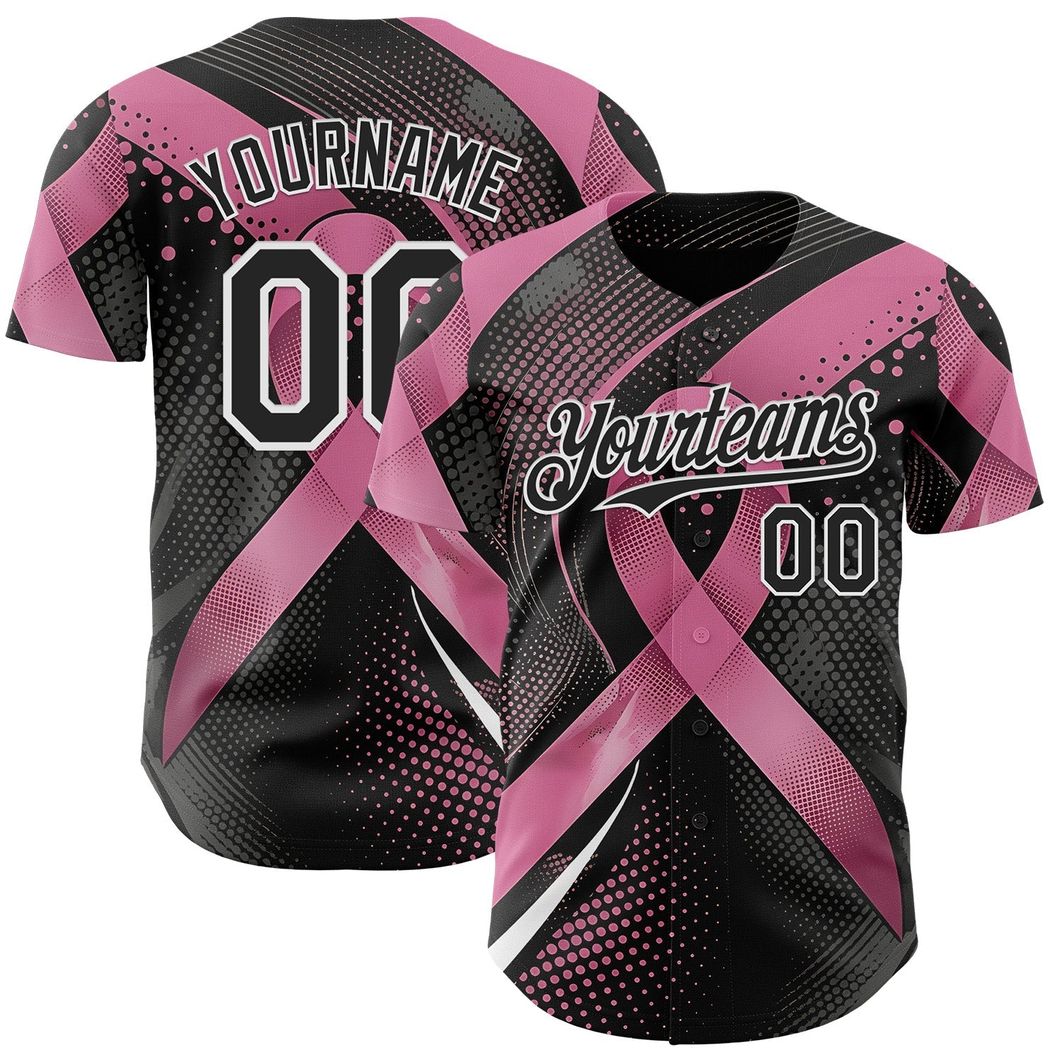 Custom Black Pink-White Breast Cancer Awareness Pink Ribbon Gradient Dot Authentic Baseball Jersey